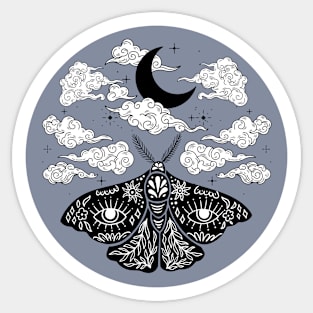 Moth Moon and Clouds Blue Sticker